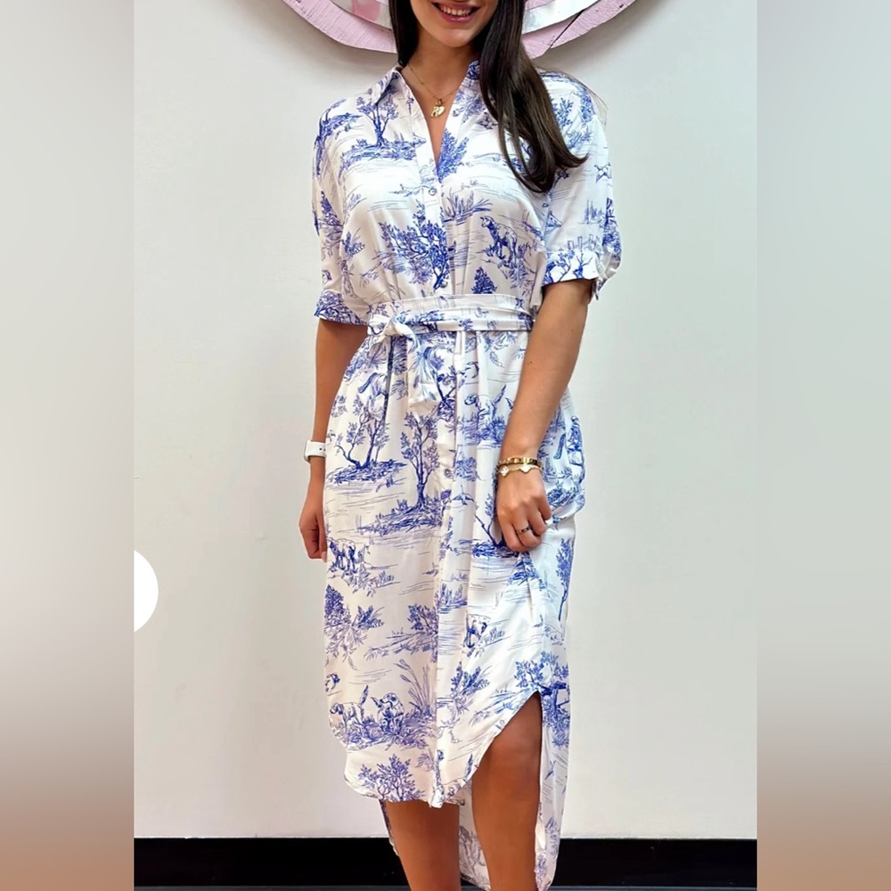 Umgee Blue Toile Midi Belted Shirt Dress